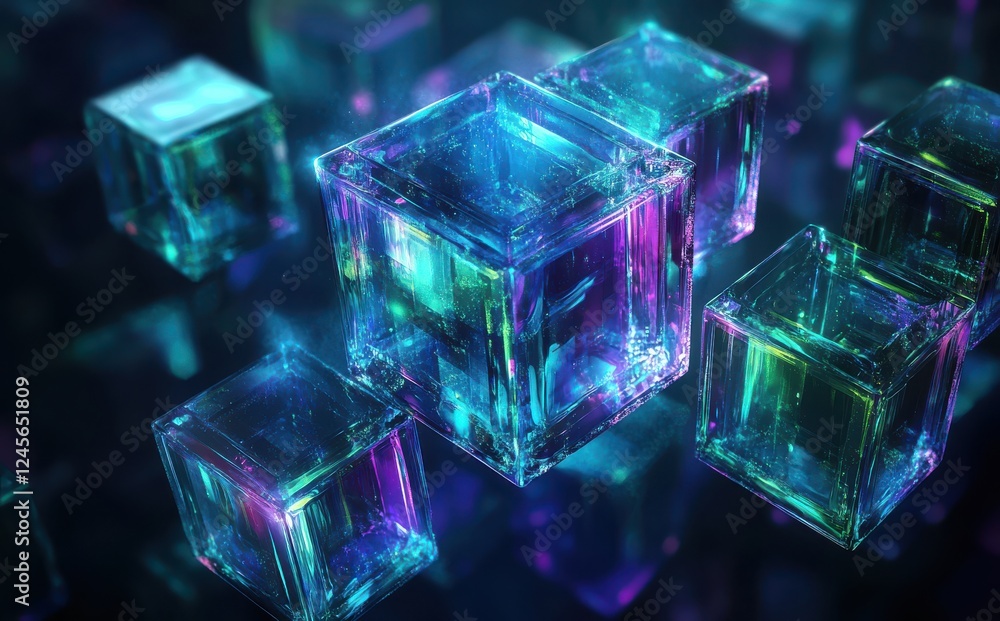 Poster vibrant colorful cubes with neon glow in a dark background creating abstract futuristic atmosphere i