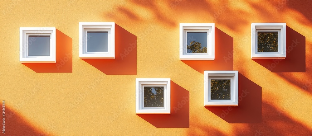 Aufkleber floating white square windows casting soft shadows on a vibrant orange wall, arranged in a visually 
