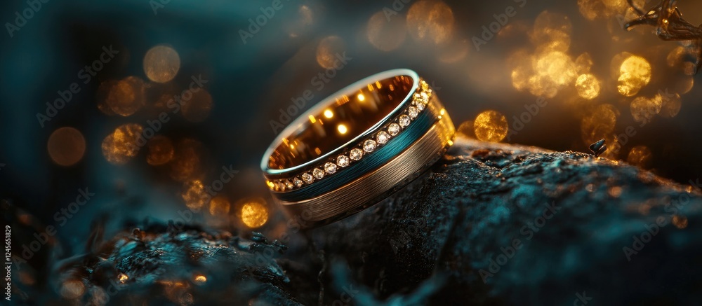 Fototapete illuminated gold ring positioned on textured surface with sparkling bokeh background in warm golden 