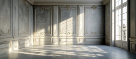 Obraz premium Sophisticated minimalist living room with gray stucco walls, featuring classical interior design, soft natural light casting shadows across the floor.
