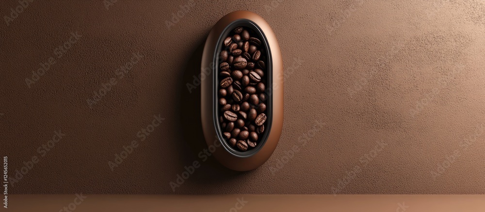 Poster coffee beans arranged in an oval frame around a light capsule on a textured brown background showcas