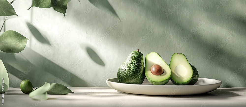 Poster stylish minimalist display of ripe avocados on a white plate against a muted green backdrop with sha