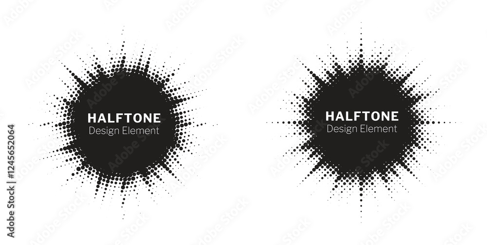 Poster Halftone circle frame background set. Round border Icon using halftone random circle. Grunge circular stain. Vector illustration.