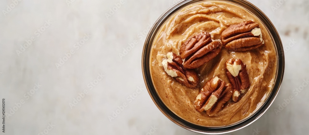 Aufkleber pecan nut butter in a silver bowl with whole pecans on creamy beige background highlighting text spa