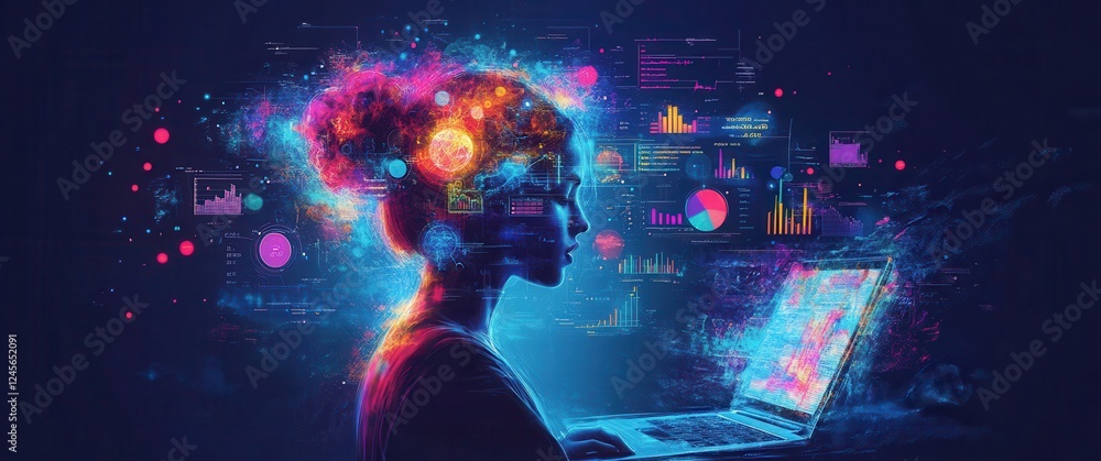 Poster vibrant data visualization concept with silhouette of woman using laptop surrounded by colorful char