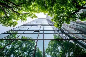 Modern Glass Skyscraper Reflecting Lush Green Trees, A Perfect Blend Of Nature And Architecture. Generative AI