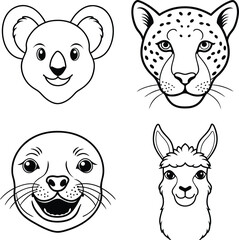 Animal Head Illustrations: Koala, Cheetah, Otter, Llama - Line Art Collection