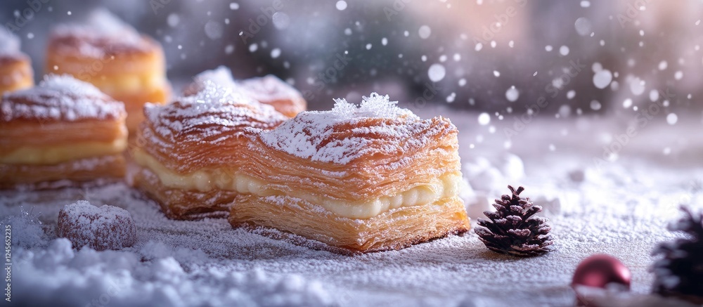 Poster delicious puff pastry and sponge cakes dusted with powdered sugar in a snowy winter setting, featuri