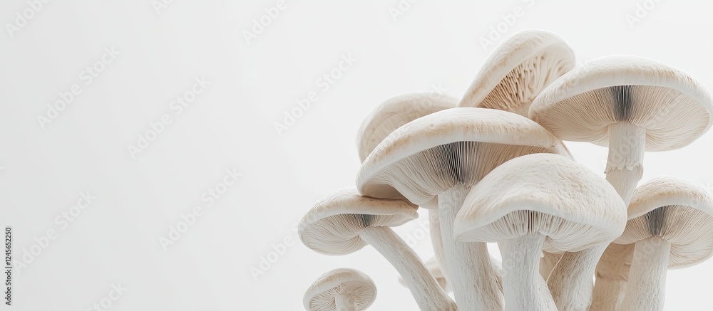Poster white background displays an arrangement of fresh field mushrooms showing their natural curves and t