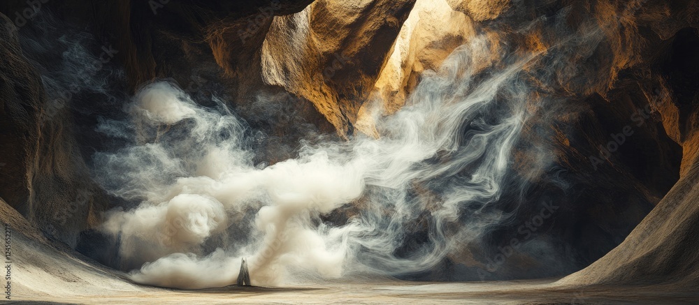 Poster mysterious white smoke swirls through a dark rocky cave illuminated by warm light creating an enchan