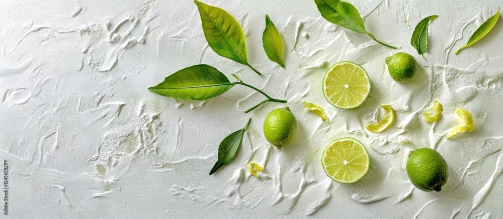 Poster Vibrant lime zest slices and fresh green leaves elegantly arranged on a rustic white table in a top view composition showcasing freshness and zest.