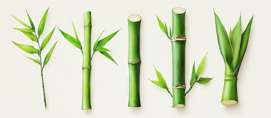 Fototapeta premium Minimalist illustration of Phyllostachys Aureosulcata bamboo featuring vibrant green colors arranged in vertical alignment on a light neutral background