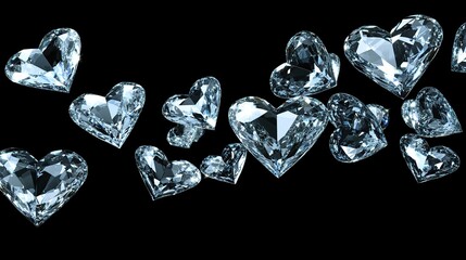 Sparkling heart diamonds float, dark background, luxury