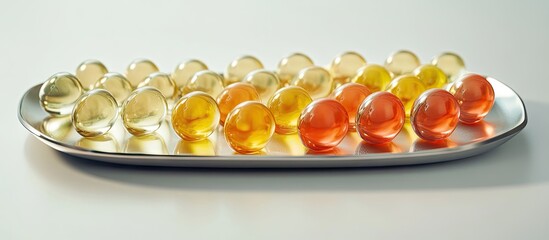 Colorful gummy vitamin D spheres in shades of yellow, orange, and clear arranged in neat rows on a sleek metallic tray against a soft background.
