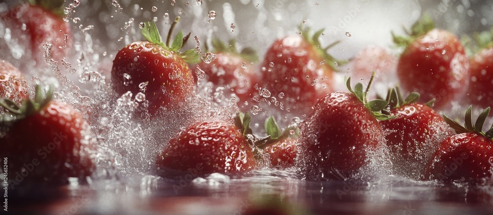 Aufkleber Vibrant red strawberries splashing into clear water creating dynamic ripples with green leaves centered in a lively, refreshing scene.