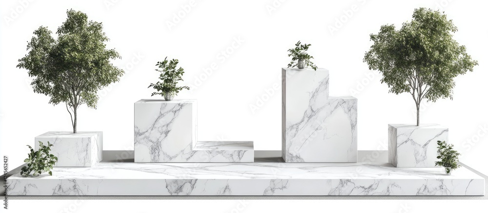 Poster elegant white marble podiums arranged in three varying heights adorned with lush green plants, creat