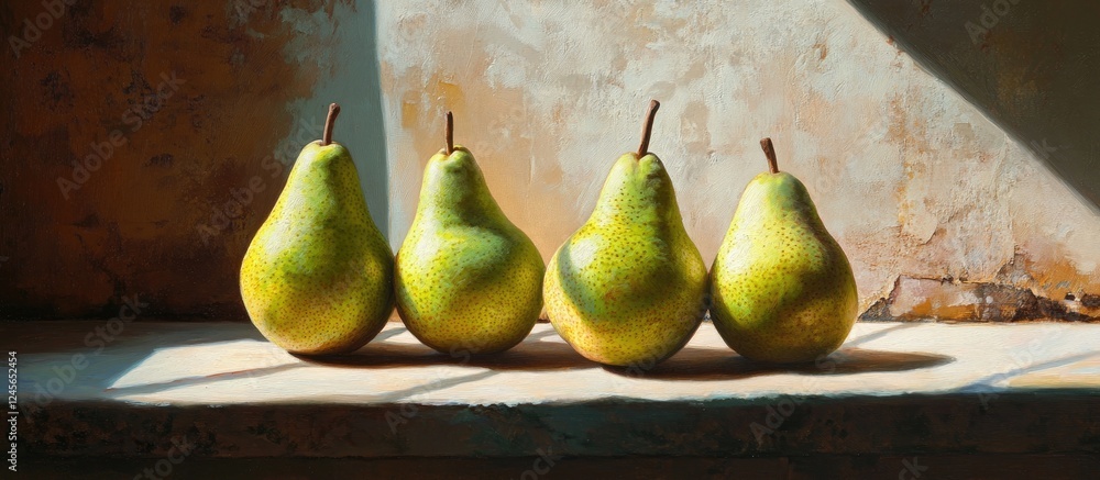 Aufkleber vibrant green pears arranged in a row basking in warm sunlight on a rustic shelf with textured backg