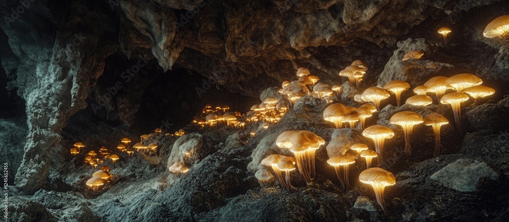 Aufkleber Glowing mushrooms illuminate a dark cave with soft yellow and warm orange tones creating a magical atmosphere in a shadowy environment.