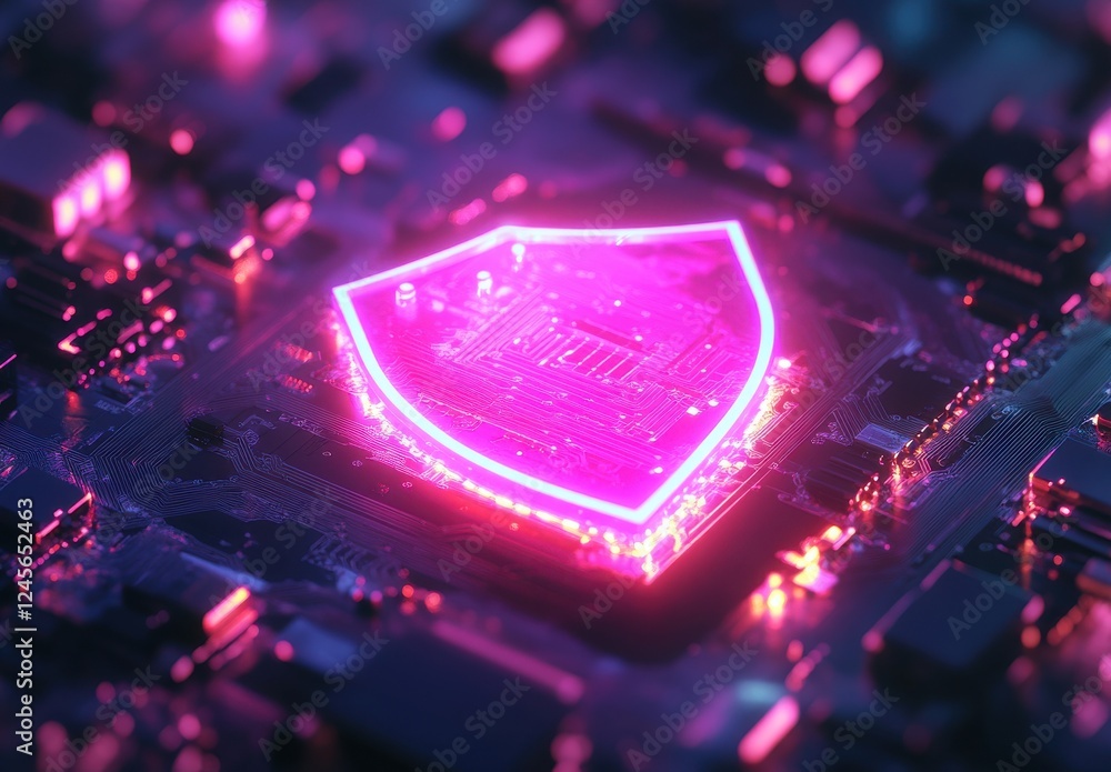 Poster vibrant digital shield design on a futuristic circuit board with neon glow and high-tech elements fo