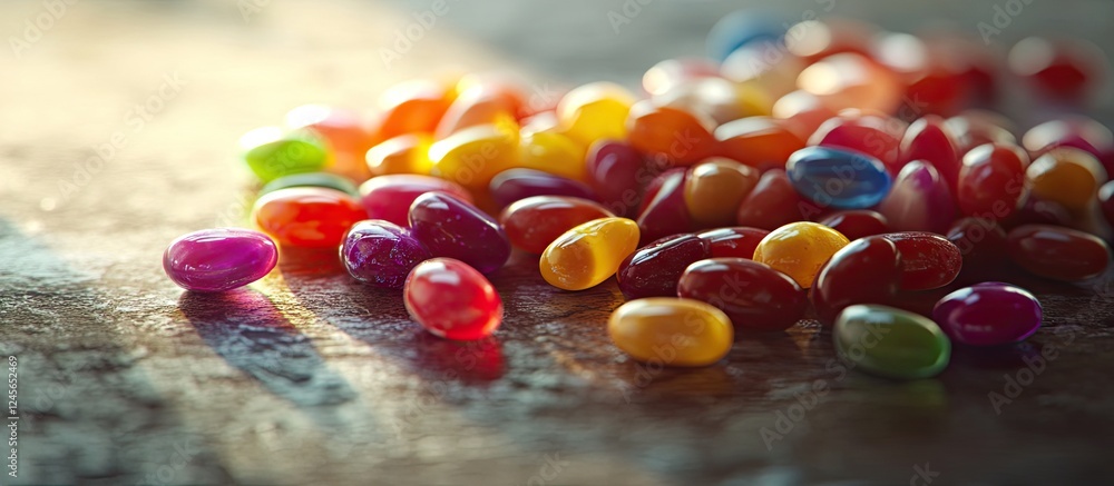 Poster assorted colorful jelly beans scattered on a textured light background with vibrant red, yellow, gre