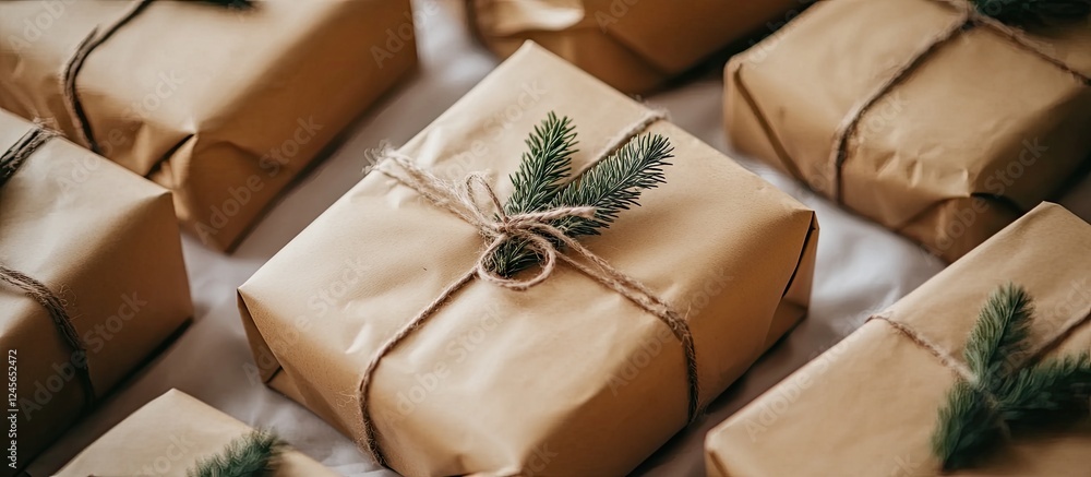 Poster Wrapped gift boxes in brown paper with twine and evergreen accents arranged neatly on a light background creating a rustic holiday vibe.