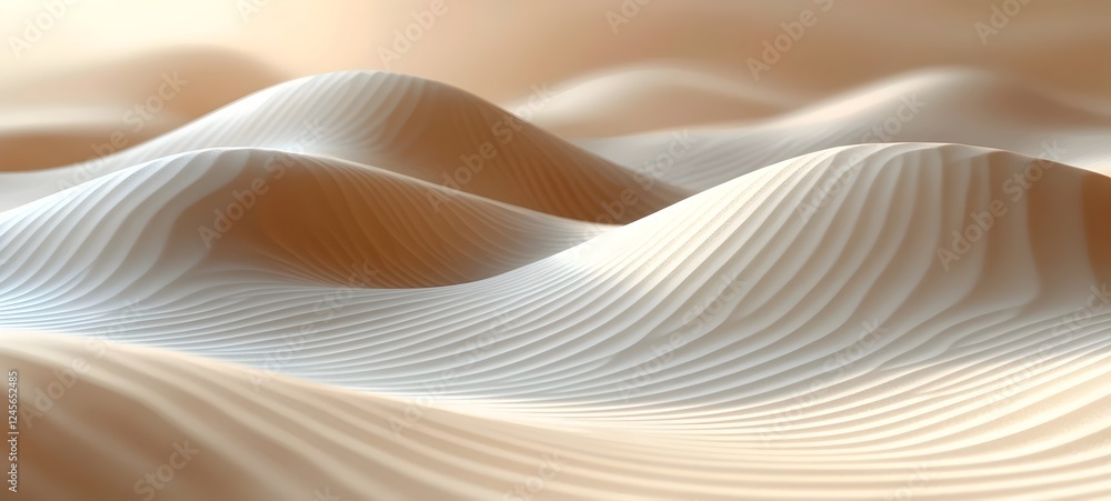 Poster abstract view of smooth, beige sand dunes illuminated by soft, warm light, creating a tranquil and s