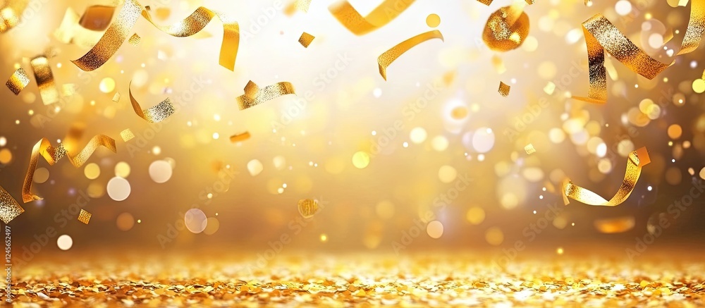 Aufkleber vibrant gold confetti falling against a shimmering golden bokeh background with blurred lights creat