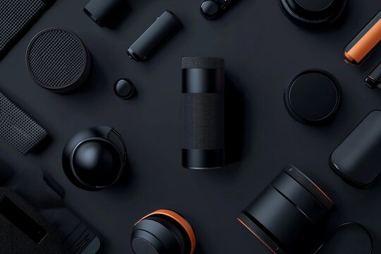 Black tech gadgets flatlay, dark background, audio, accessories