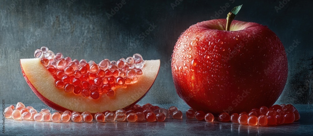 Poster Red apple with droplets and a sliced wedge beside translucent tapioca pearls on a textured dark background, showcasing contrast and freshness.