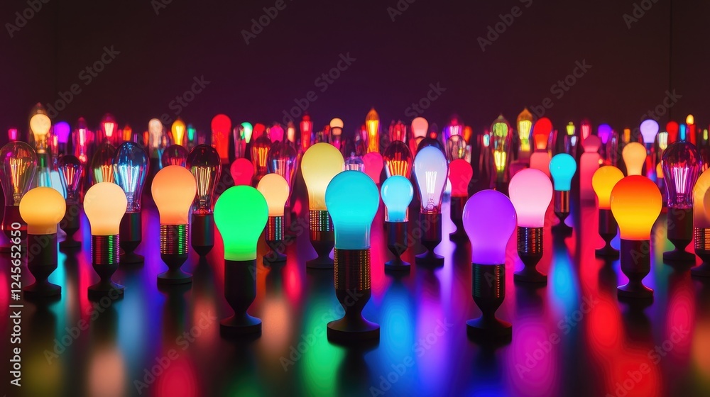 Poster an array of colorful led light bulbs displayed on a reflective surface, showcasing different shapes 