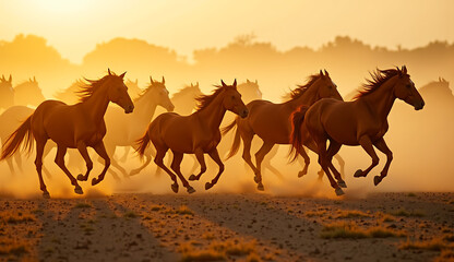 Fototapeta premium herd of horses livestock outside
