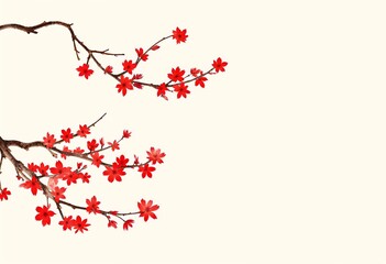 Red Blossoms Bloom Gracefully on Branches Against a Soft Background. Generative AI
