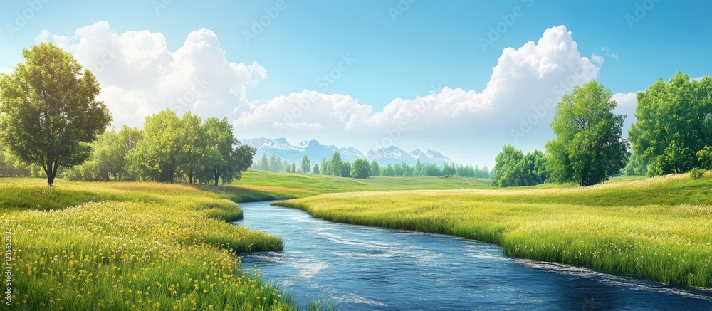 Poster serene landscape with a flowing river bordered by lush green grass and trees under a bright blue sky