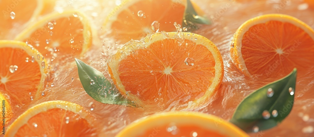 Poster Vibrant orange slices submerged in fresh juice with droplets and green leaves, creating a colorful and refreshing juice backdrop.