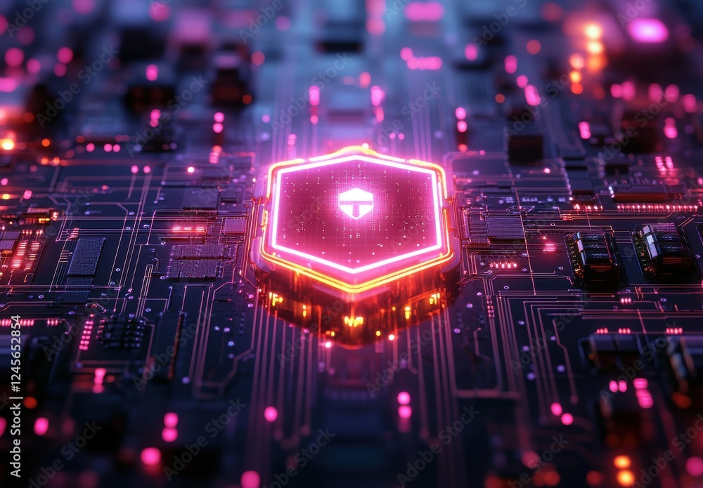 Poster vibrant hexagonal microchip with neon lights on complex circuit board representing modern technology