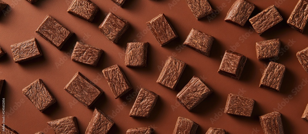 Poster Cocoa cereal pieces scattered on a rich brown flat surface create a minimalistic and appetizing chocolate background ideal for food themes.