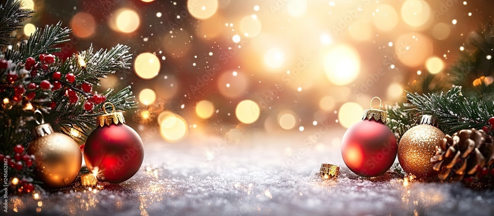 Poster christmas decoration scene with red and gold ornaments on a snowy surface surrounded by pine branche