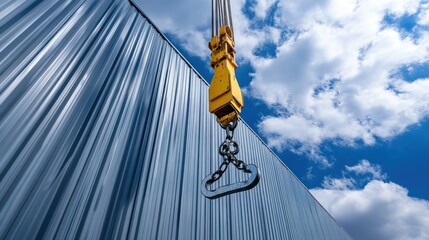 Crane hook against corrugated metal wall.