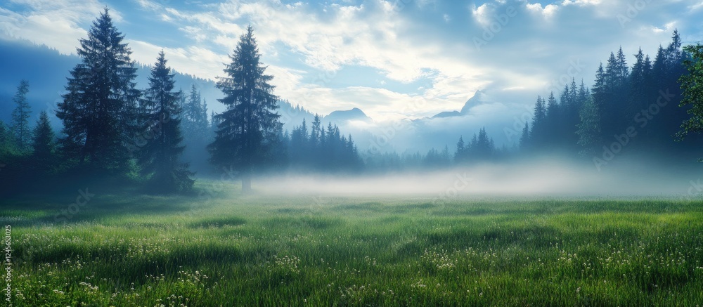 Aufkleber misty green meadow with tall evergreen trees in foreground shrouded in soft fog under dramatic blue 