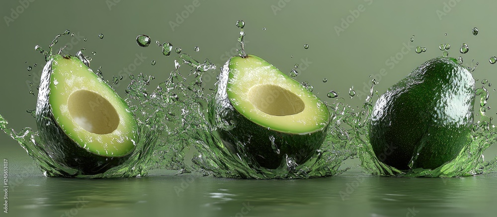 Poster Ripe avocados splashing in water against a muted green backdrop highlighting their vibrant textures and dynamic forms with a refreshing appeal
