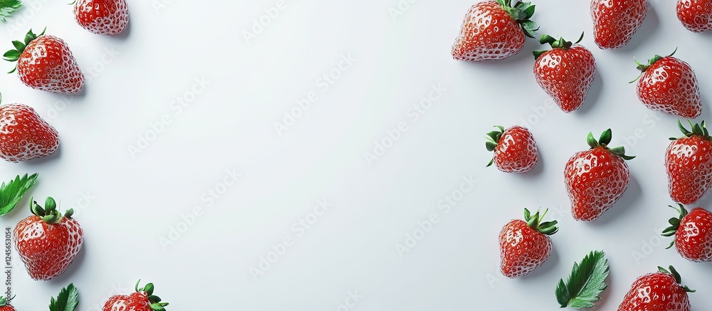 Poster fresh red strawberries arranged in a circular pattern on a white background, featuring vibrant color
