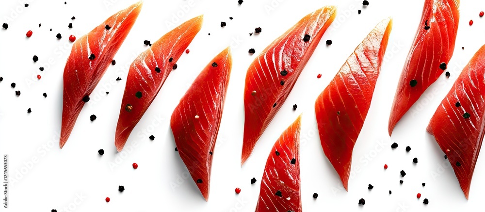 Poster fresh red tuna fillets artistically arranged on a bright white background with scattered black and m