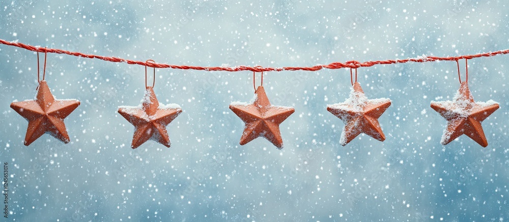 Poster festive string of copper stars against a light blue snowy background with falling snowflakes creatin