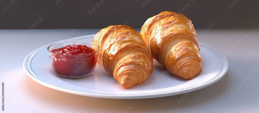 Aufkleber freshly baked golden croissants on a white plate with a small bowl of red jam, set against a soft gr