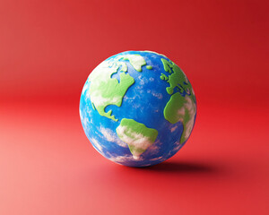 Fototapeta premium Earth encased in glossy transparent sphere, environmental conservation theme, bold red background contrast