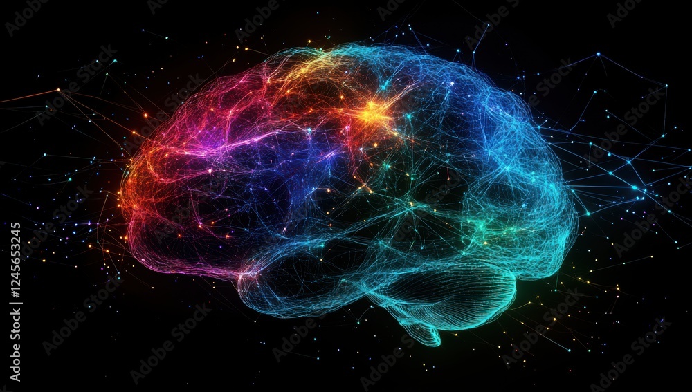 Poster vibrant neural network visualization with colorful connections representing brain activity and cogni