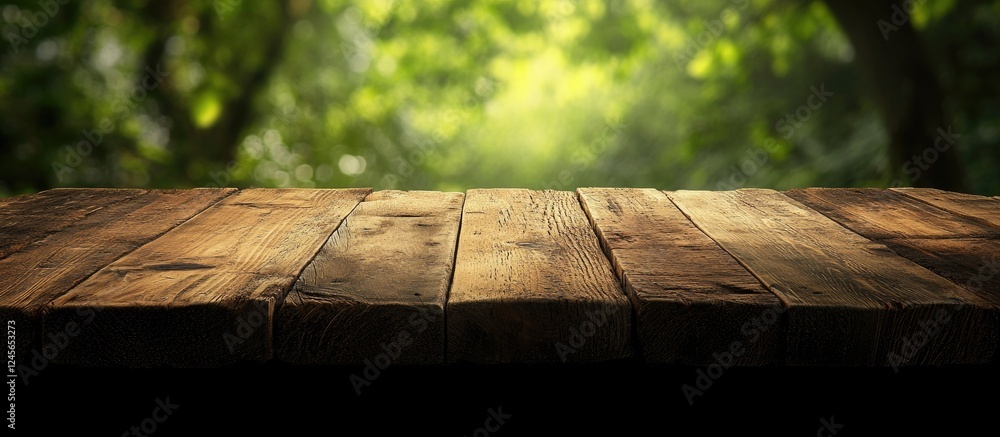 Leinwandbilder wooden tabletop against a blurred green forest background with dappled sunlight illuminating the sur