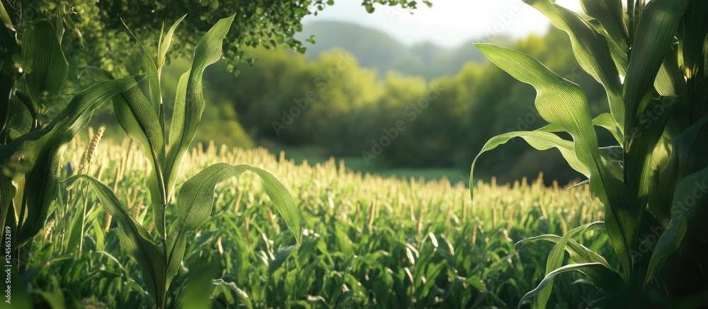 Aufkleber vibrant green cornfield with two tall stalks in the foreground; lush landscape in soft sunlight crea