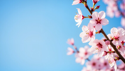 Minimalistic cherry blossom branch against clear blue sky