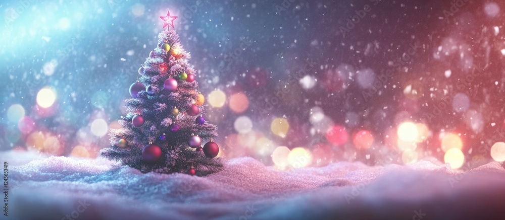 Poster colorful christmas tree featuring vivid baubles in the foreground with a dreamy snowy background and